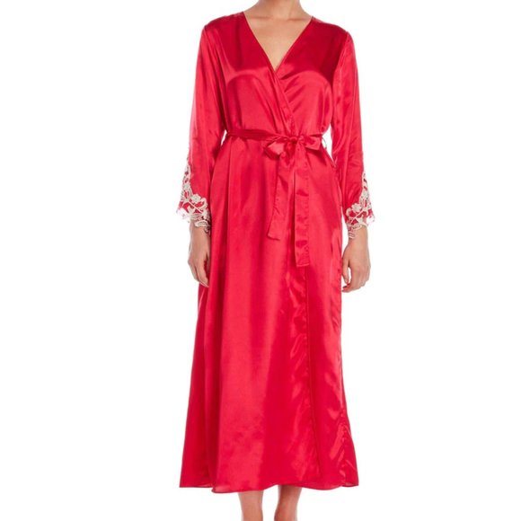 Flora Nikrooz Lace-Trim Crimson Charmeuse Long Robe, 1X - Picture 1 of 3